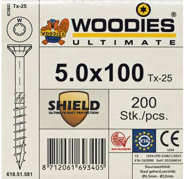 Woodies Ultimate Woodies schroeven 5.0 x 100 SHIELD T-25 deeldraad 200 stuks