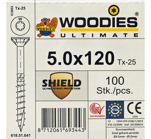 Woodies Ultimate Woodies schroeven 5.0 x 120 SHIELD T-25 deeldraad 100 stuks