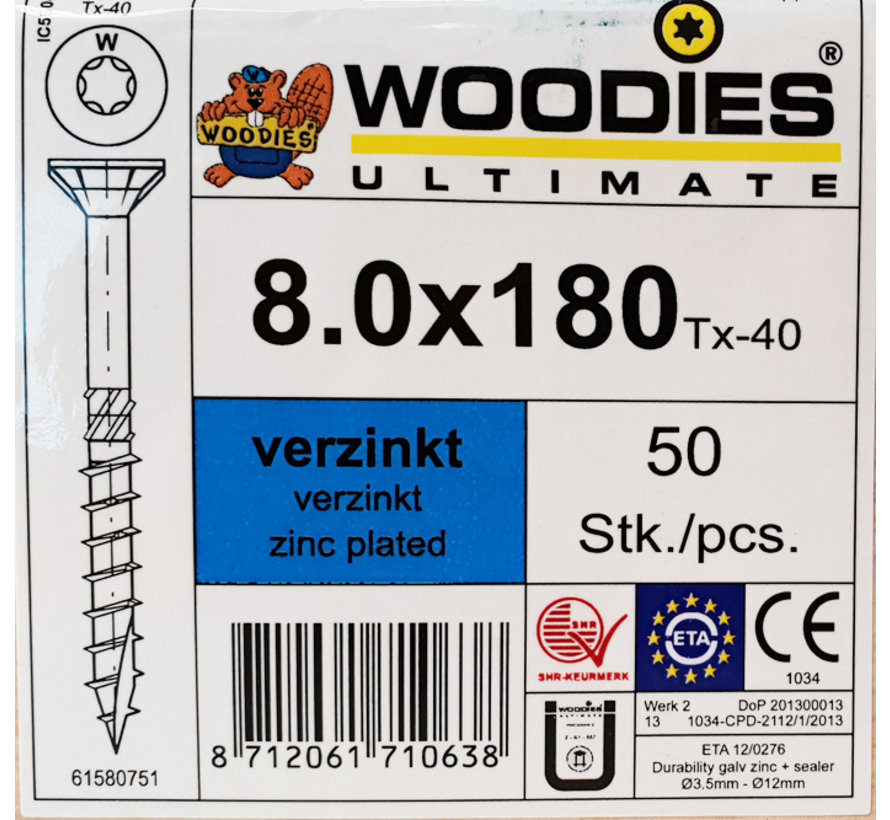 Woodies schroeven 8.0x180 verzinkt T-40 deeldraad 50 stuks