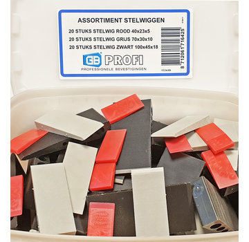 GB GB assortiment doos met kunststof stelwiggen 20x Rood, 20x Grijs en 20x Zwart