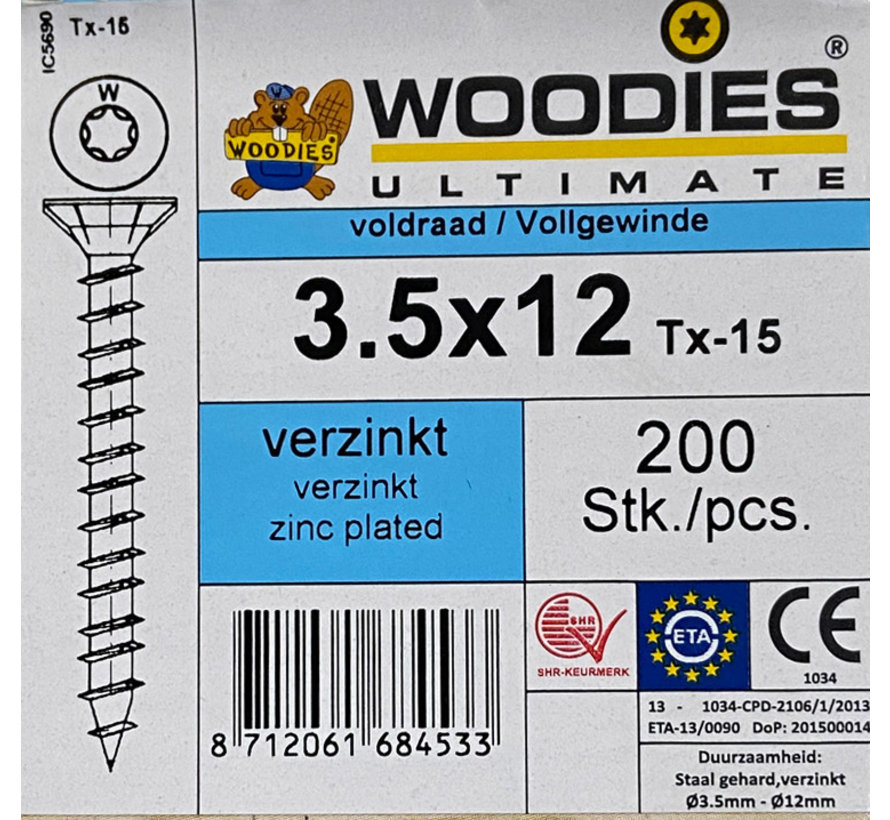 Woodies schroeven 3.5x12 verzinkt T-15 voldraad 200 stuks