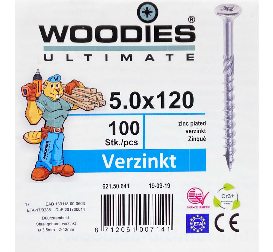 Woodies schroeven 5.0x120 verzinkt PZD 2 deeldraad 100 stuks