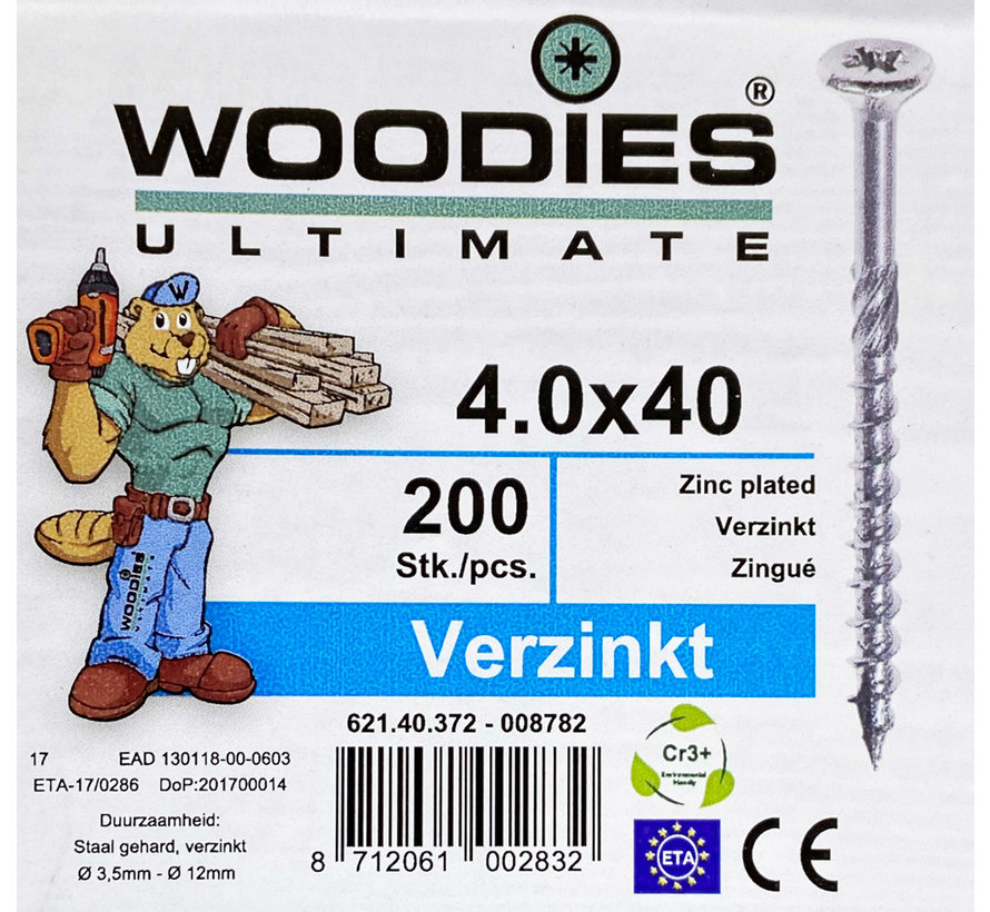 Woodies schroeven 4.0x40 verzinkt PZD 2 deeldraad 200 stuks