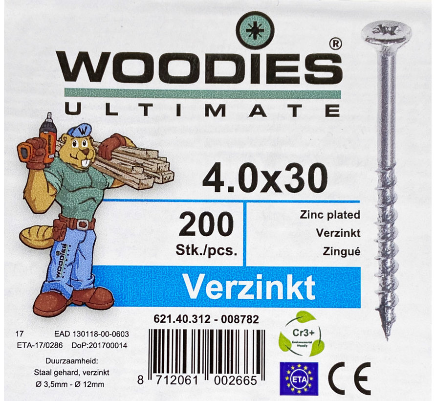 Woodies schroeven 4.0x30 verzinkt PZD 2 deeldraad 200 stuks