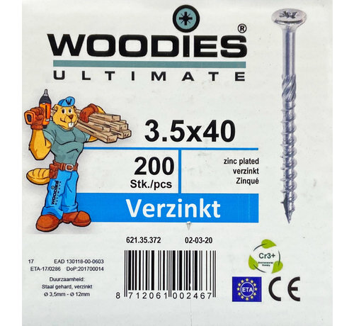 Woodies Ultimate Woodies schroeven 3.5x40 verzinkt PZD 2 deeldraad 200 stuks
