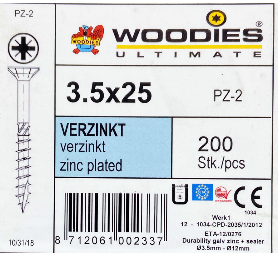 Woodies schroeven 3.5x25 verzinkt PZD 2 deeldraad 200 stuks