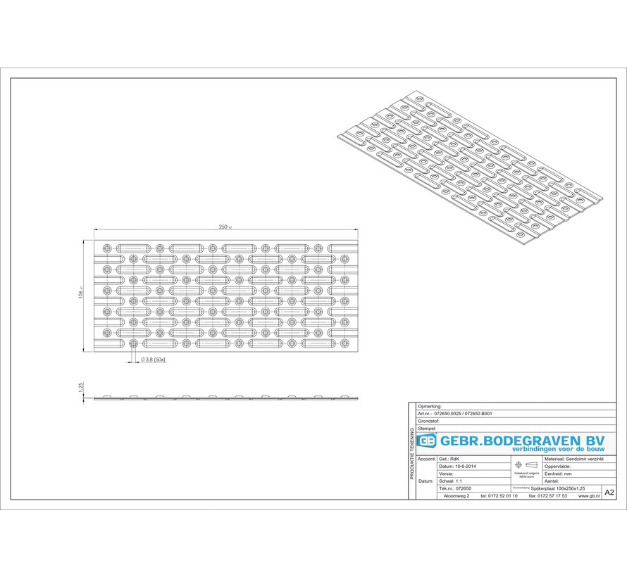 GB Spijkerplaat 106x250x1.25 verzinkt