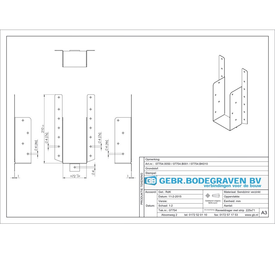 GB Raveeldrager met strip 71 x 139 (Houtmaat 71 x 171 / 196) SV