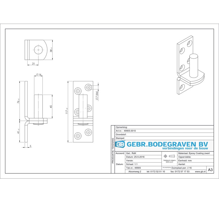 GB plaatduim 117x38x5 pen Ø16x45 epoxy zwart