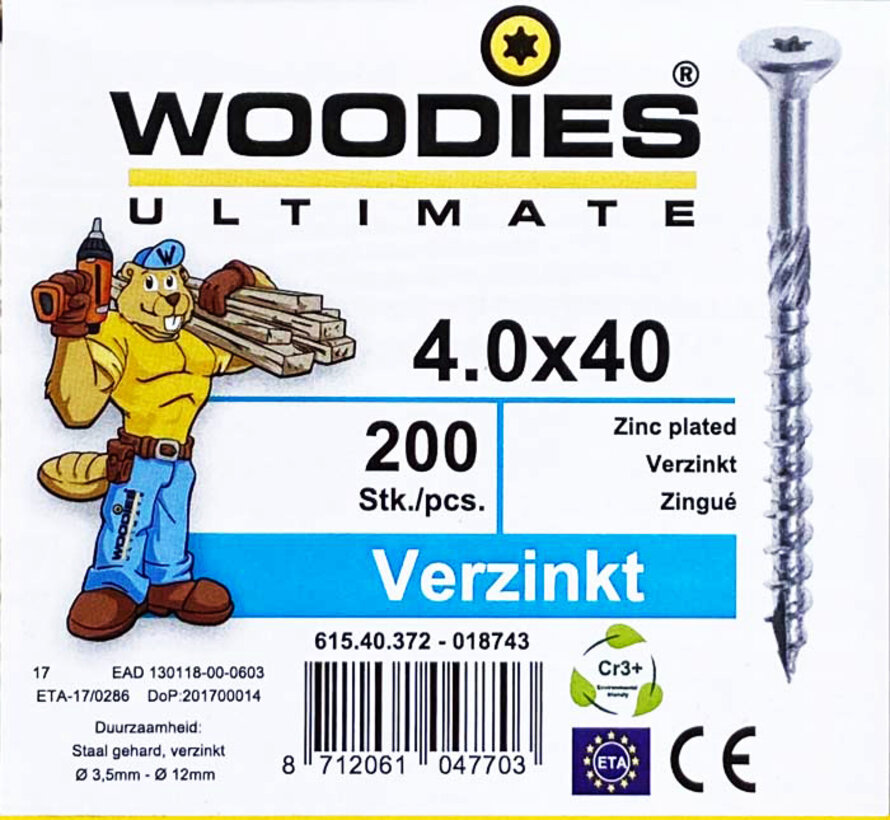 Woodies schroeven 4.0x40 verzinkt T-20 deeldraad 200 stuks