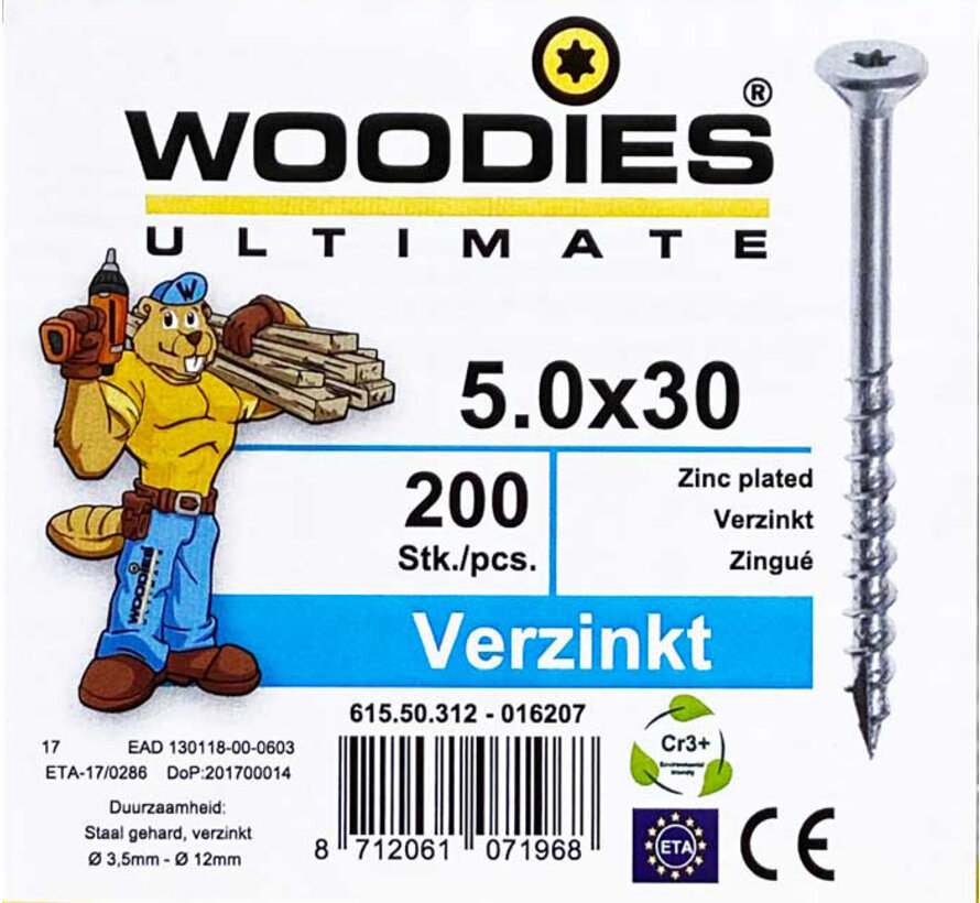 Woodies schroeven 5.0x30 verzinkt T-25 deeldraad 200 stuks