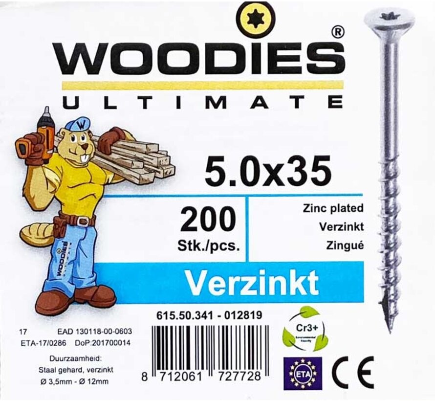 Woodies schroeven 5.0x35 verzinkt T-25 deeldraad 200 stuks