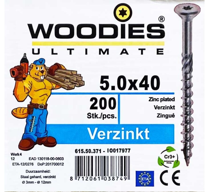 Woodies schroeven 5.0x40 verzinkt T-25 deeldraad 200 stuks