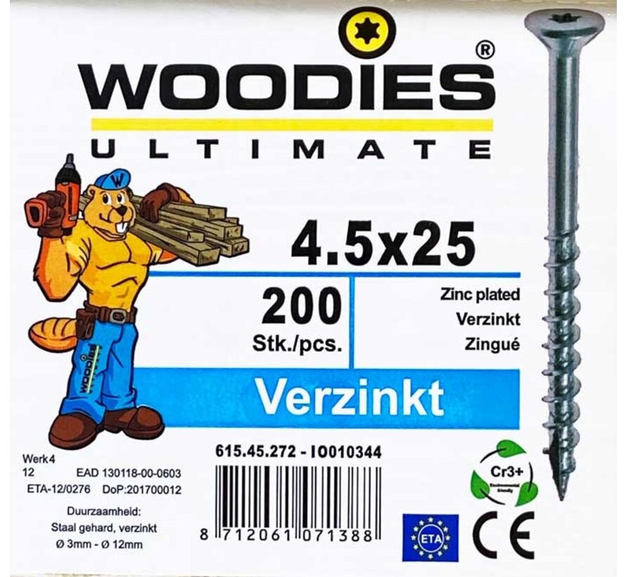 Woodies schroeven 4.5x25 verzinkt T-25 deeldraad 200 stuks