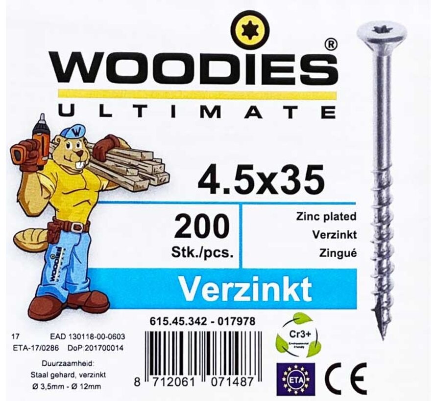 Woodies schroeven 4.5x35 verzinkt T-25 deeldraad 200 stuks