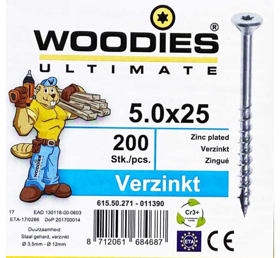 Woodies schroeven 5.0x25 verzinkt T-25 deeldraad 200 stuks