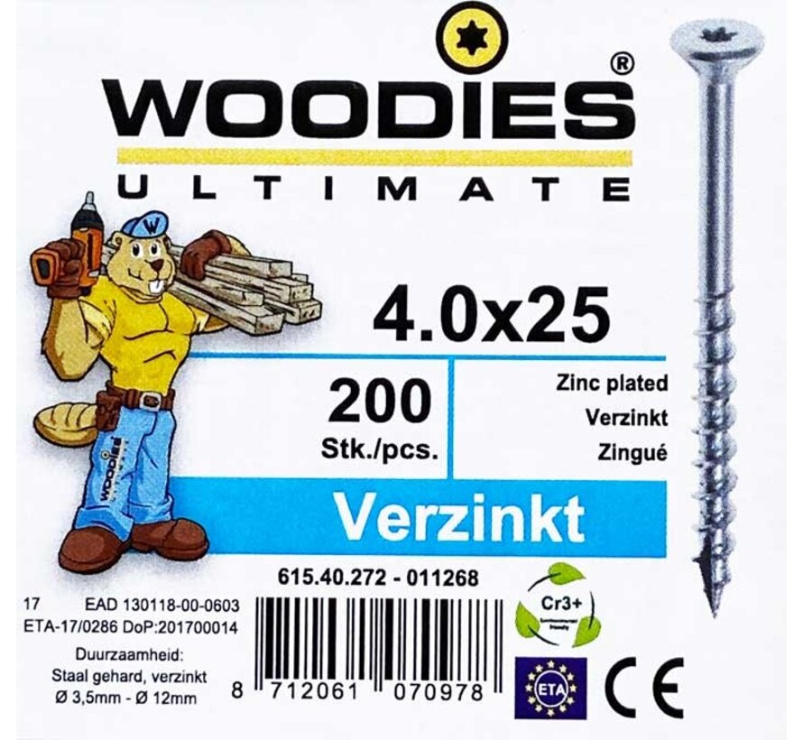 Woodies schroeven 4.0x25 verzinkt T-20 deeldraad 200 stuks