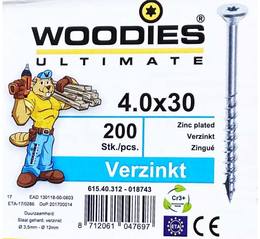 Woodies schroeven 4.0x30 verzinkt T-20 deeldraad 200 stuks