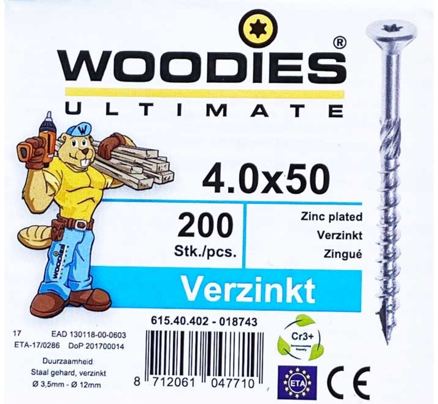 Woodies schroeven 4.0x50 verzinkt T-20 deeldraad 200 stuks