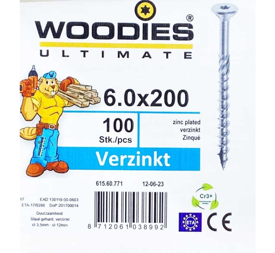 Woodies schroeven 6.0x200 verzinkt T-30 deeldraad 100 stuks