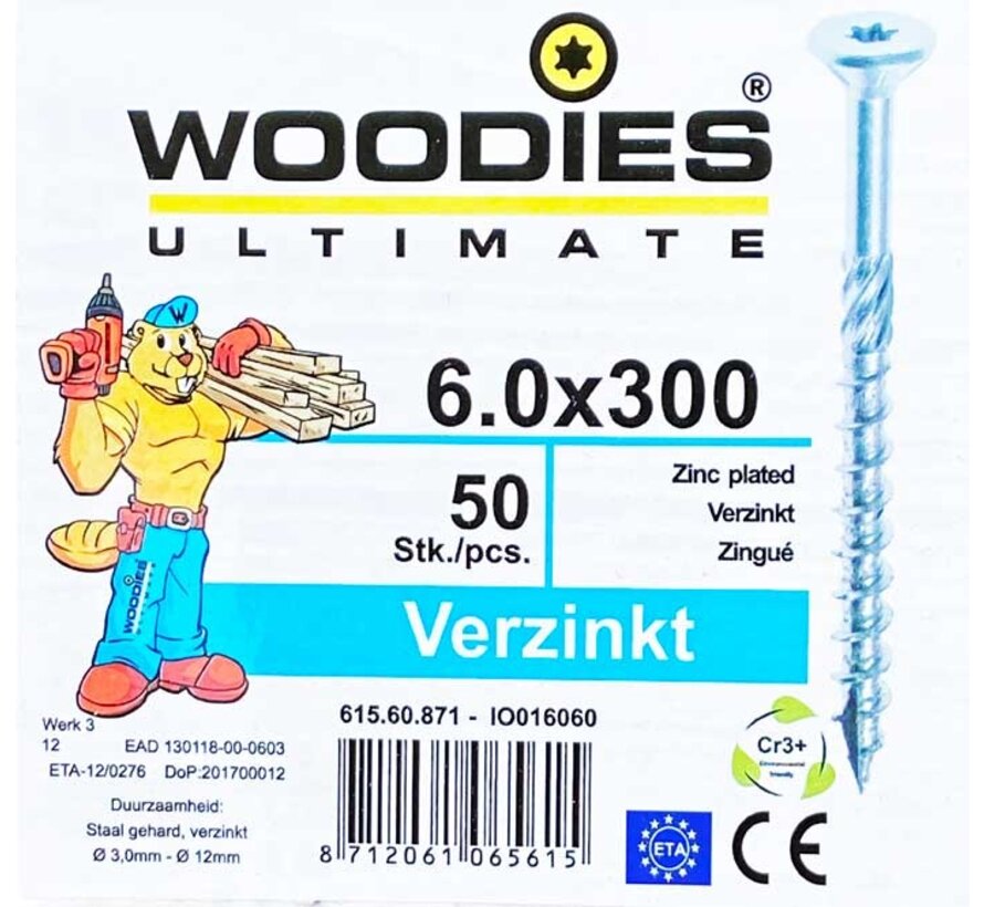 Woodies schroeven 6.0x300 verzinkt T-30 deeldraad 50 stuks