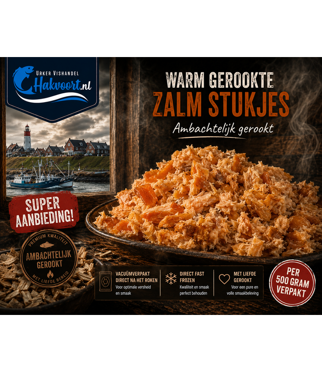 Warm gerookte zalm stukjes (Pulled zalm) 500 gram