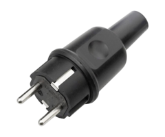 Black rubber plug with safety ground.