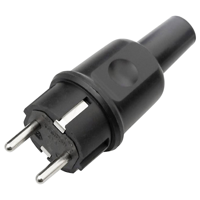 Black rubber plug with safety ground.