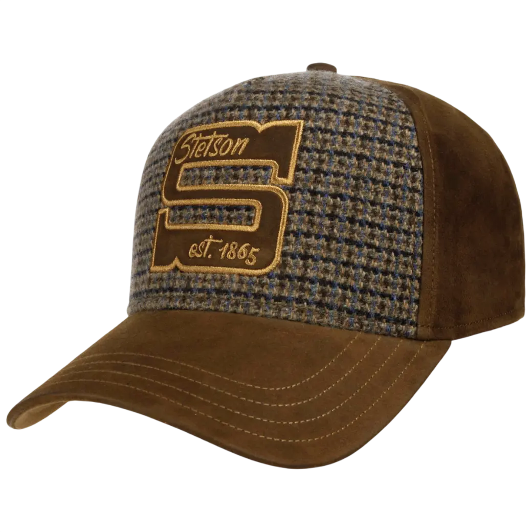 Stetson Trucker Cap Oily Goat Cashmere/Wool Mud With Brown/Blue Check-1