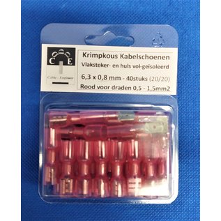 Cable-Engineer 40x waterdichte krimpkous Vlakstekers + hulzen kabelschoenen 6,3 x 0,8 mm -Rood- man+vrouw  -  vol-geïsoleerd