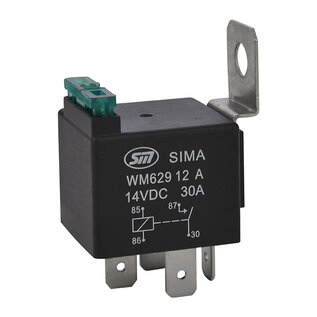 SIMA Auto Relais  4-Pins - 12V - 30A. - 1,6W  - Standaard coil - Met zekering (30A) en beugel - WM629A
