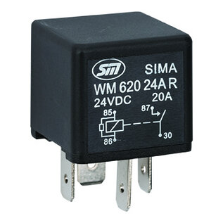 SIMA Auto Relais  4-Pins - 24V - 20A. - 1,6W  -  coil met weerstand - zonder beugel - WM62024AR