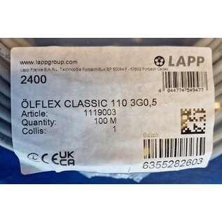 LAPP Benelux Stuurstroomkabel van LAPP: ÖLFLEX® CLASSIC 110 - 3G0.5 - Grijs - 100m. - 1119003