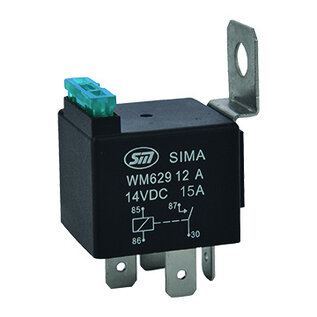 SIMA Auto Relais  4-Pins - 12V - 15 Ampère  - 1,6W  - Standaard coil - Met zekering (15A) en beugel - WM629A12A