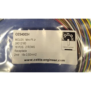 Molex Complete set met Molex MiniFit Jr. Receptacle connector 16-Pos. (2-Rij) + 16x 2m. 0,50mm2 FLRY-B kabel  met contacten (pre-crimped)