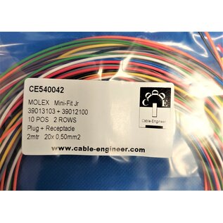 Molex Complete set met Molex MiniFit Jr. Plug & Receptacle 10-Pos. (2-Rij) + 20x 2m. 0,50mm2 kabel en contacten