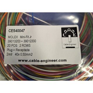 Molex Complete set met Molex MiniFit Jr. Plug & Receptacle 20-Pos. (2-Rij) + 40x 2m. 0,50mm2 kabel en contacten