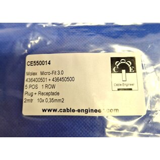 Molex Pre-crimped Molex MicroFit 3.0 set: 5-Pos./1-Rij Plug + Receptacle Housing met 10x 2m. 0,35mm2 kabel +contacten gemonteerd
