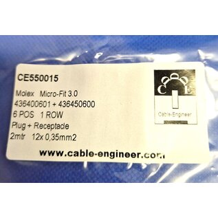 Molex Pre-crimped Molex MicroFit 3.0 set: 6-Pos./1-Rij Plug + Receptacle Housing met 12x 2m. 0,35mm2 kabel +contacten gemonteerd