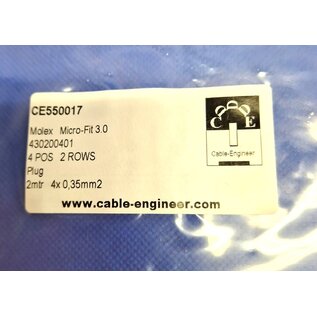 Molex Pre-crimped Molex Micro Fit 3.0 set: 4-Pos. / 2-rij Plug Housing met 4x 2m. 0,35mm2 kabel met contacten gekrompen