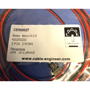 Molex Pre-crimped Molex MicroFit 3.0 set: 2-Pos./ 2-rij Receptacle Housing met 2x 2m. 0,35mm2 kabel met contacten gekrompen