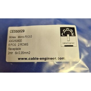 Molex Pre-crimped Molex MicroFit 3.0 set: 6-Pos./ 2-rij Receptacle Housing met 6x 2m. 0,35mm2 kabel met contacten gekrompen