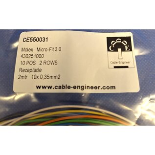 Molex Pre-crimped Molex MicroFit 3.0 set: 10-Pos./ 2-rij Receptacle Housing met 10x 2m. 0,35mm2 kabel met contacten gekrompen