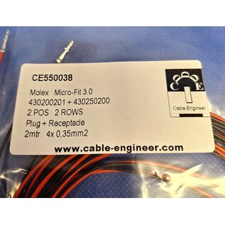 Molex Pre-crimped Molex MicroFit 3.0 set: 2-Pos./2-Rij Plug + Receptacle Housing met 4x 2m. 0,35mm2 kabel met contacten gemonteerd