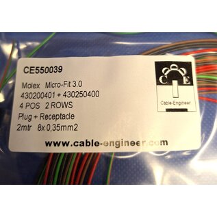 Molex Pre-crimped Molex MicroFit 3.0 set: 4-Pos./2-Rij Plug + Receptacle Housing met 8x 2m. 0,35mm2 kabel met contacten gemonteerd