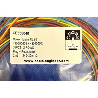 Molex Pre-crimped Molex MicroFit 3.0 set: 6-Pos./2-Rij Plug + Receptacle Housing met 12x 2m. 0,35mm2 kabel met contacten gemonteerd - Copy
