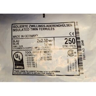 Cable-Engineer.com Twin Adereindhuls - Voor kabel 2x 2,5 mm2 - lengte 10mm - Kleur Blauw - Per 250 stuks