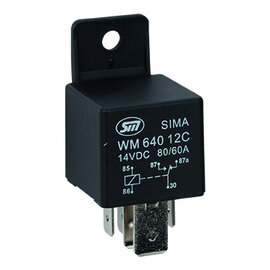 SIMA Relais Auto 5-Pins - 12V - 80/60A. - 1,6W  - Standaard coil - met beugel