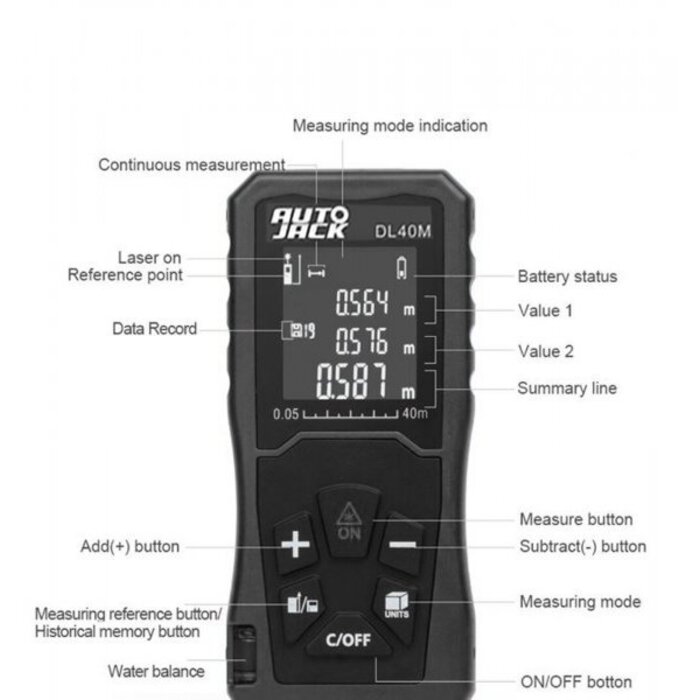 Autojack DL40M Handheld Digital Laser Point Distance Meter Tape Range Finder Measure 40m 131ft