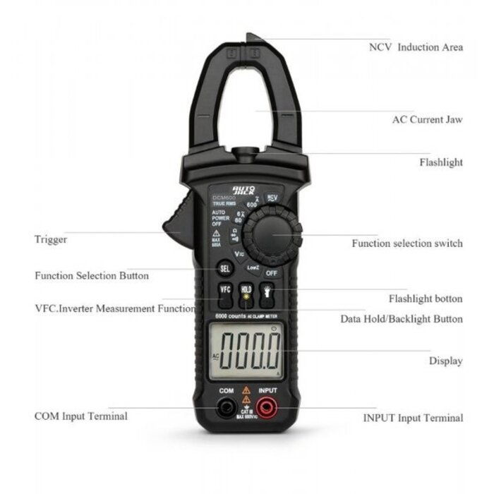 Autojack DCM600 Digital Clamp Meter AC/DC Current Voltage Multimeter Temp Tester Flashlight